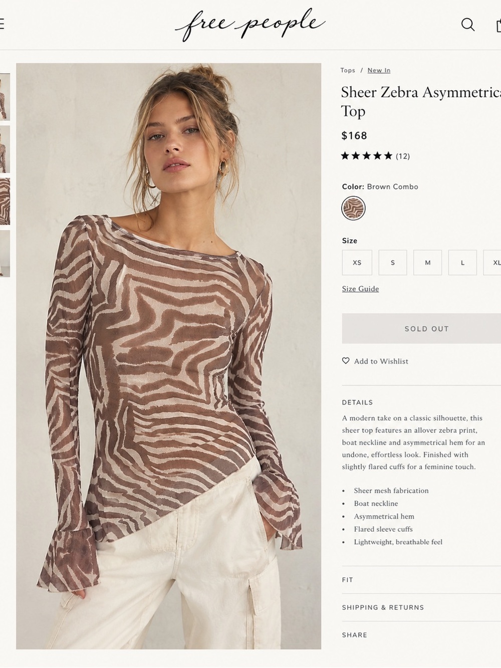 Free People Brown Zebra-Print Sheer Asymmetric Long Sleeve Top